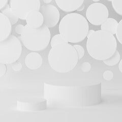 Two white round podiums on abstract stage mockup - flying soft circles decor. Template 3D illustration gentle airy geometric scene for presentation cosmetic, goods, advertising, design, display, sale.