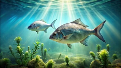 Serene Underwater Scene Featuring Two Aquatic Fish Gracefully Swimming Amongst Vibrant Submerged Flora