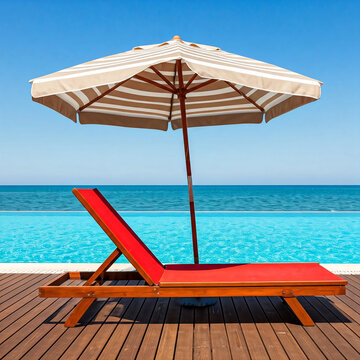 beach chair and umbrella on the beach. Colorful beach lounge chair or sun deckchair with swimming pool side view on beach for concept of vacation beach and sea in summer holiday resort.