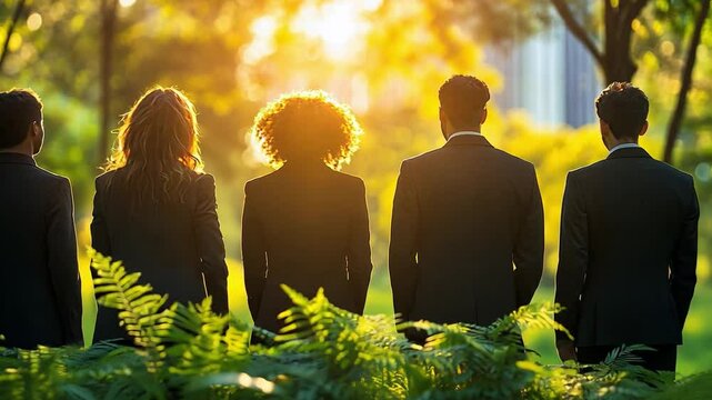 Business Team at Sunset: Silhouetted business professionals stand together, gazing at a vibrant sunset, symbolizing unity, forward thinking, and the potential for growth. 