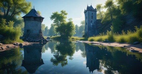 Obraz premium Blue tower reflected in calm water of small river , landscape, castle