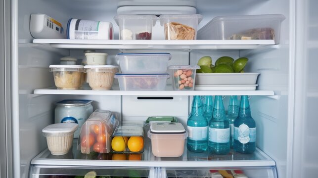 A well-organized refrigerator neatly stocked with medicines and organic produce, blending health and nourishment in orderly harmony.