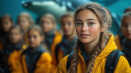 Fototapeta premium Young Girl in Bright Yellow Jacket at Marine Exhibit with Group of Children in Background Surrounded by Oceanic Creatures and Educational Displays