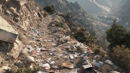 Obraz premium Mountain trail littered with trash, environmental pollution, landscape view. Use environmental awareness campaign