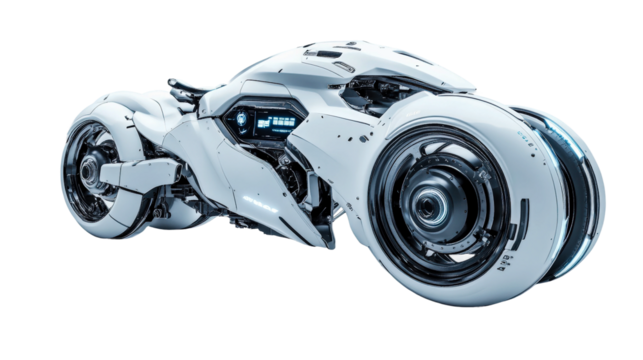 Futuristic motorcycle with sleek design showcasing advanced technology and innovative features isolated on transparent background