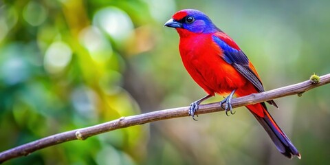 Obraz premium Vibrant Scarlet Bird Perched on a Branch, Displaying its Striking Red and Blue Plumage Against a Lush Green Background