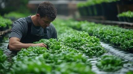 Young man working diligently in a lush hydroponic farm, inspecting green lettuce plants growing in a nutrient-rich water system for sustainable agriculture.