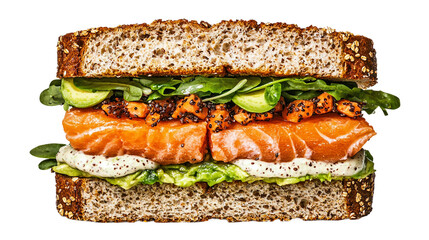 A fresh and healthy sandwich with salmon, avocado, and whole grain bread, isolated on a transparent background, perfect for nutritious meals, balanced eating, and food styling.