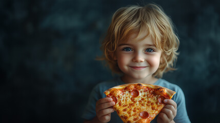Little kid boy holding a slice of pizza on blurred background