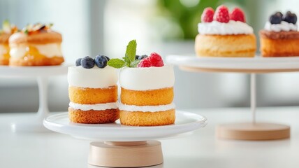Delicious small cakes displayed in an elegant setting, perfect for a sweet treat or celebration.