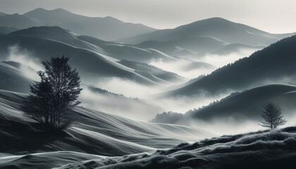 Evocative black and white landscape revealing rolling hills, fog-covered valleys, and silhouetted trees under soft light. Generative AI