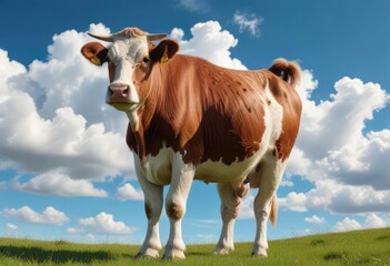 Fototapeta premium Brown cow grazing on a sunny day with a bright blue sky and fluffy white clouds, nature, hayfield, landscape