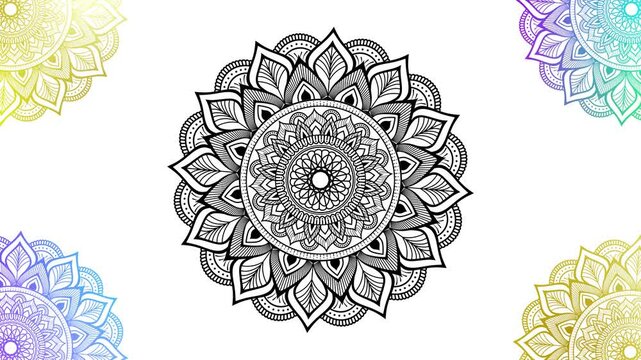 Abstract circular monochrome mandala pattern, seamless loop. Animation. Black and white.