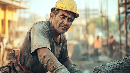 Skilled Worker Performing Construction Tasks at a Building Site During Sunrise in a Bustling Urban Area