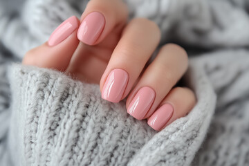 Soft pink nails with a glossy finish against a clean taupe linen backdrop