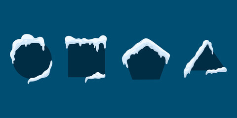 Frames with snow ice cap. Card or poster template. Snowdrifts shapes with icicles. Winter frame decoration. Snowy roof effect. Frost icy heaps. Frozen vector cartoon flat isolated illustration