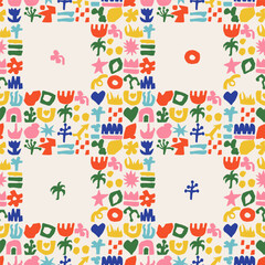 Fototapeta premium Abstract seamless pattern. Floral and geometry organic. Leaf flowers element decorative, Matisse style, doodle floral nature background. Decor textile, wrapping, wallpaper. Print for fabric. Vector