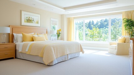 Luxurious bedroom with yellow bedding, overlooking a green landscape