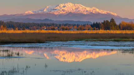 Naklejka premium Sunrise Over Snow-Capped Peaks, Golden Mountain Reflection in Lake, Serene Winter Landscape.