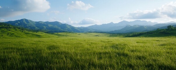 Obraz premium A serene landscape featuring lush green fields and rolling mountains under a clear blue sky, evoking tranquility and natural beauty.
