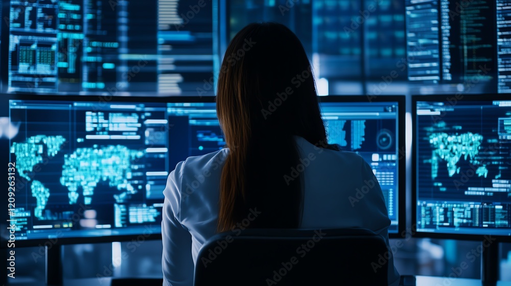 Poster data analyst working on multiple screens in a dark environment focusing on global information analys