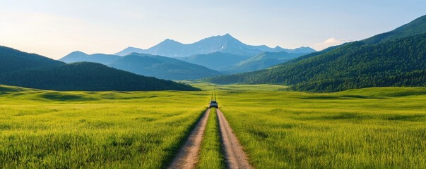 A serene landscape featuring a dirt road winding through lush green fields, framed by majestic mountains under a clear blue sky.
