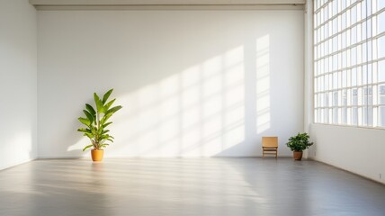 A spacious loft room with a minimalist design featuring natural light, sleek furniture, and open-concept living.