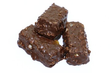 Chocolate caramel wafer bar candy, isolated