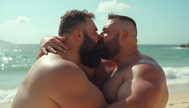 Dos hombres gay gordos y musculosos d&aacute;ndose un beso en la playa