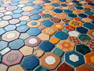 Close-up of an intricately designed hexagonal mosaic floor with vibrant, colorful tiles and patterns, intricate, mosaic