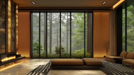 Naklejka premium Modern Living Room with Scenic Nature View