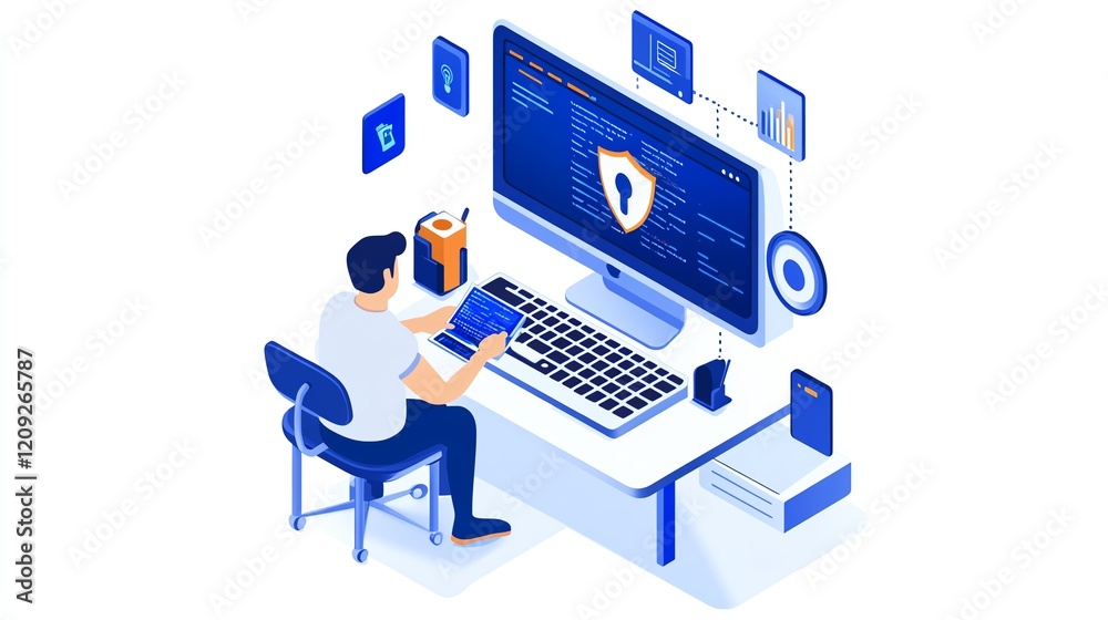 Poster engaging in cybersecurity activities while coding at a modern workstation with various digital tools