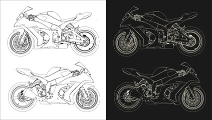 race motorcycle sportbike GP side view. line technical drawing  of blueprints isolated on transparent background
