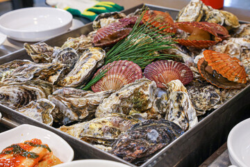 Korean seafood food. Steamed oysters and scallops
