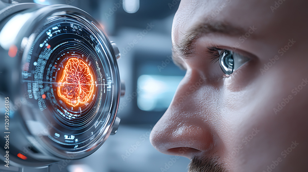Poster exploring neural interfaces human interaction with technology in a futuristic lab close-up perspecti