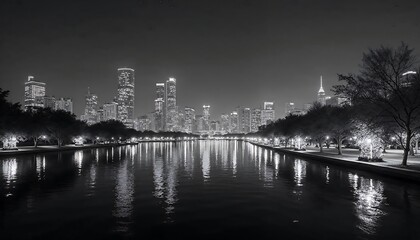 A stunning nighttime view of a city skyline illuminated by blue lights, reflecting on a calm river