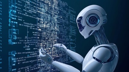 Robot Engaged in Data Analysis Against a Backdrop of Digital Code in a Futuristic Setting