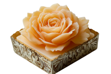 Elegant rose-shaped soap displayed in a decorative box showcasing artisanal craftsmanship isolated on transparent background