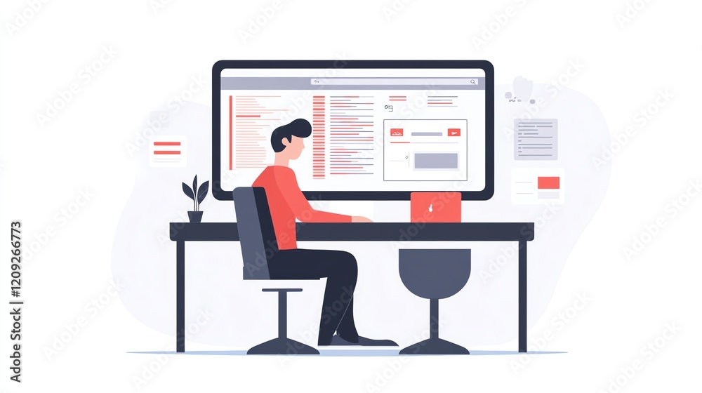 Poster person working at a desk with a large computer screen displaying text on a minimalistic workspace at