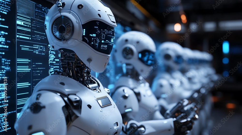 Poster advanced humanoid robots lined up in a futuristic lab displaying artificial intelligence technology