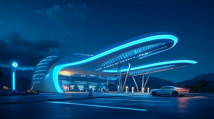 Abstract Dark Futuristic Cyberpunk Stage Platform with Neon Lights