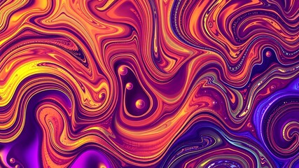 Fototapeta premium Abstract swirling liquid paint texture in vibrant orange, purple, and yellow hues with glowing pearls, ideal for backgrounds and designs.