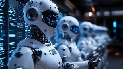 Fototapeta premium Advanced Humanoid Robots Lined up in a Futuristic Lab Displaying Artificial Intelligence Technology