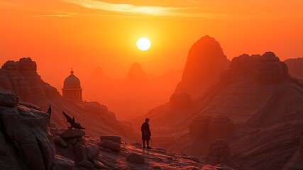 Fototapeta premium A lone figure contemplates a distant, dome-shaped structure nestled amidst dramatic, sun-drenched desert mountains at sunset.