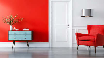 Stylish living room with red accent wall and modern furniture for a vibrant atmosphere