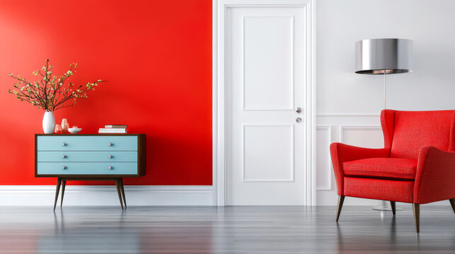 Stylish living room with red accent wall and modern furniture for a vibrant atmosphere