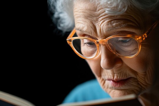 Senior woman enjoying a book while using trifocal glasses to aid her vision and embrace the joy of reading