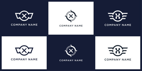 X letter logo set with compass, wing, and ring, editable vector bundle