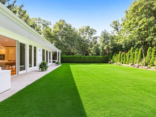 Bright green lawn and modern house exterior in sunny forest setting