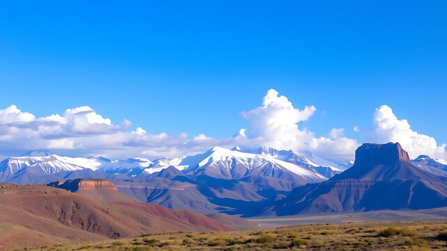 Majestic snow-capped mountain range under a vibrant blue sky with fluffy white clouds and a unique red rock formation in the foreground.
